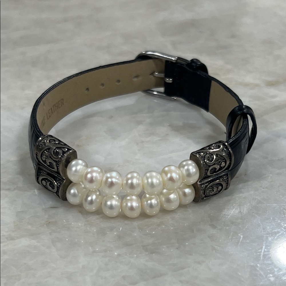PRIME ART 925 STERLING SILVER DOUBLE ROW PEARL 16MM LEATHER BRACELET 8”